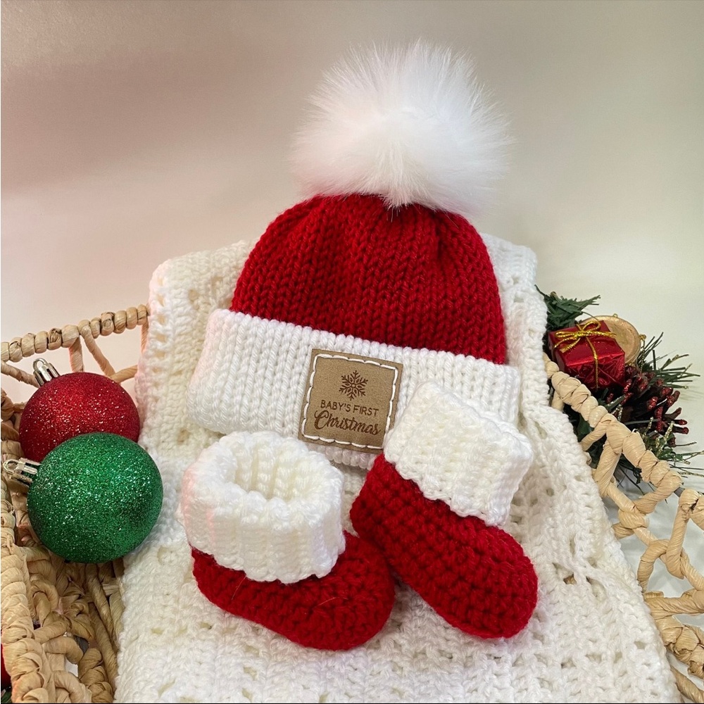 Red and White Baby's First Christmas Hat and Booties Set
